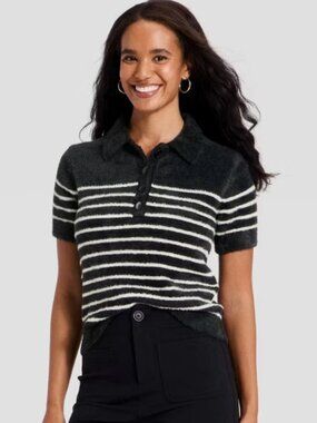 Women's Short Sleeve Polo Collar Fuzzy Polo T-Shirt - A New Day Black Striped